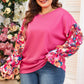 Bright Pink Floral Patchwork Flounce Sleeve Rib Knit Plus Top