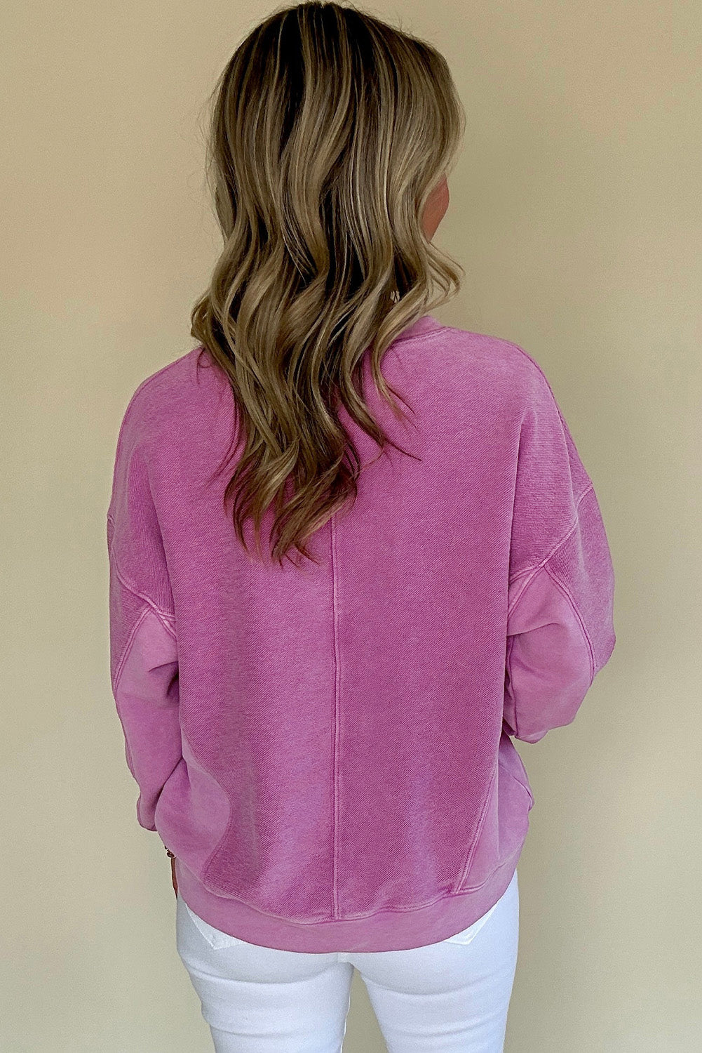 Bright Pink Solid Colour Notched Neck Drop Shoulder Sweatshirt