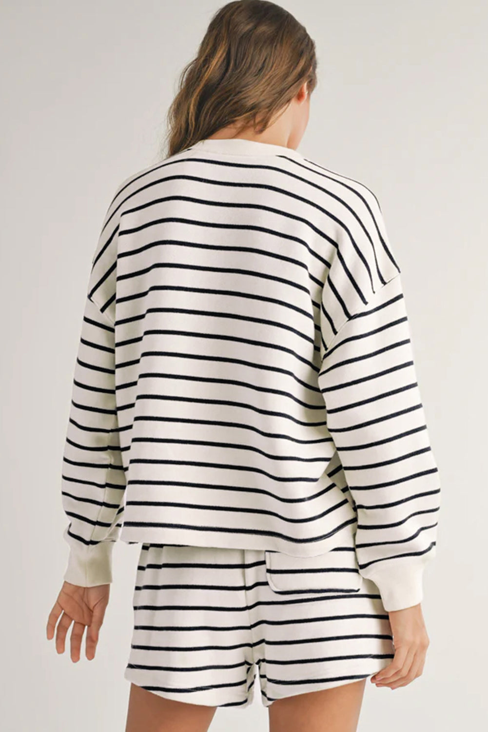 Black white Stripes Printed Half Button Long Sleeve Top and Shorts Set