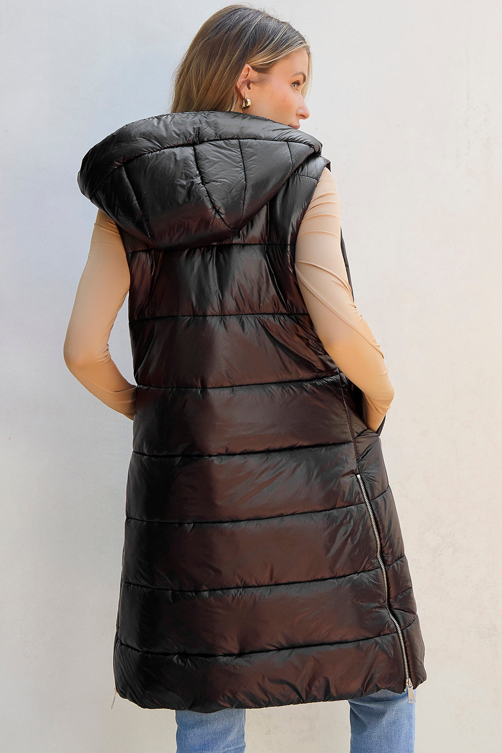 Dark Grey Hooded Long Quilted Sleeveless Coat