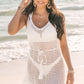 White Crochet Fishnet Fringed Edge V Neck Beach Cover Up