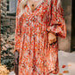 Orange Floral Print Split V Neck Bubble Sleeve Plus Size Midi Dress