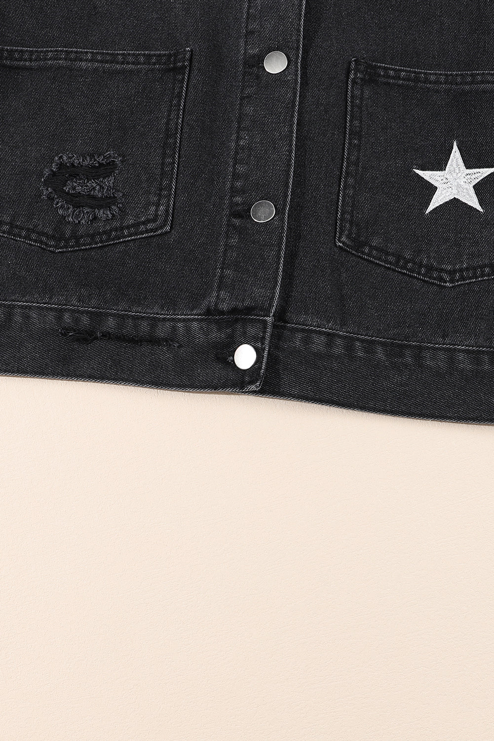 Black Distressed Pearls Star Cropped Denim Jacket