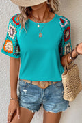 Turquoise Floral Crochet Short Sleeve Top - BB Fashion Outlet