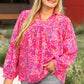 Purple Plus Size Floral Print Puff Sleeve V Neck Blouse