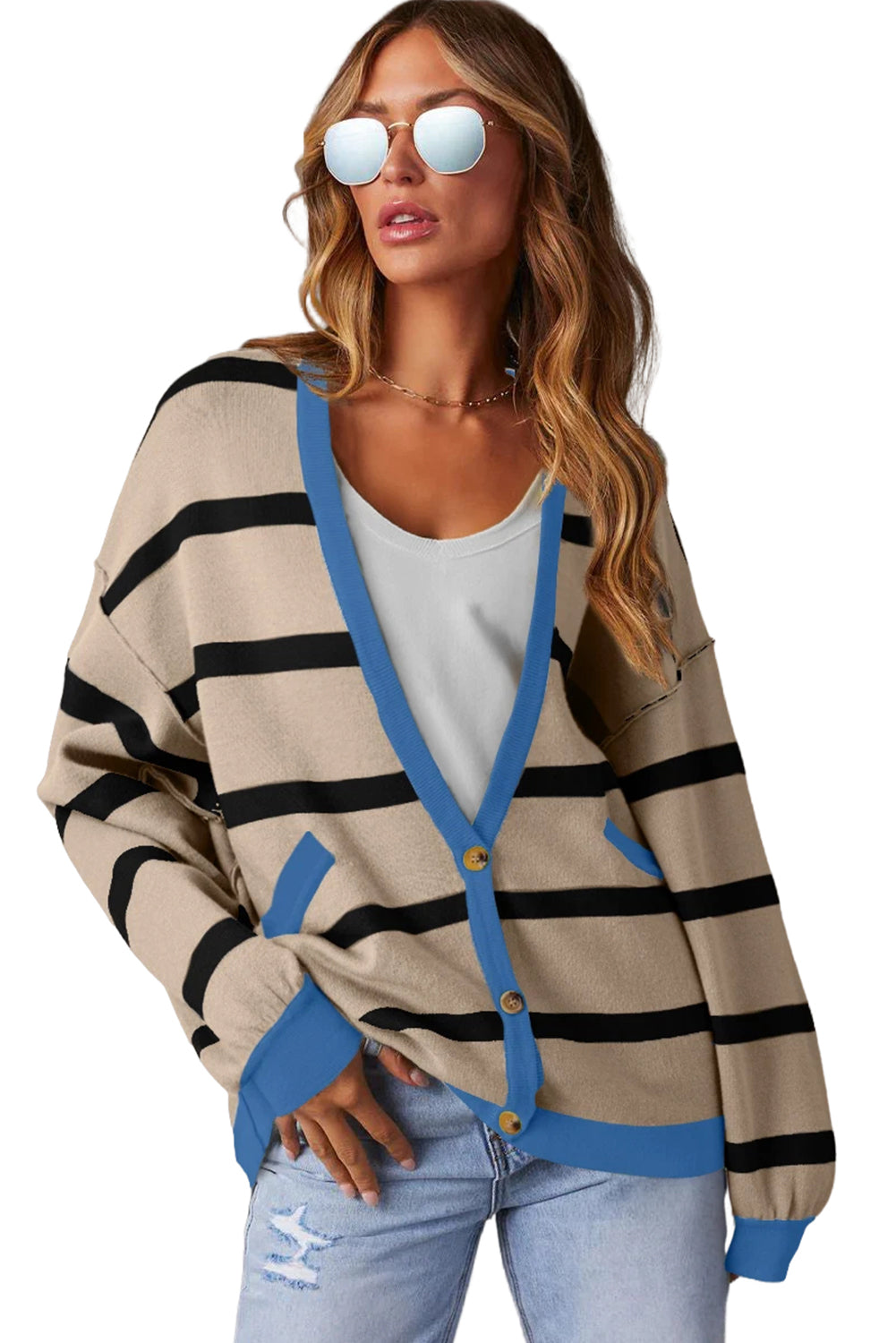 White Colourblock Drop Shoulder Buttoned Loose Cardigan