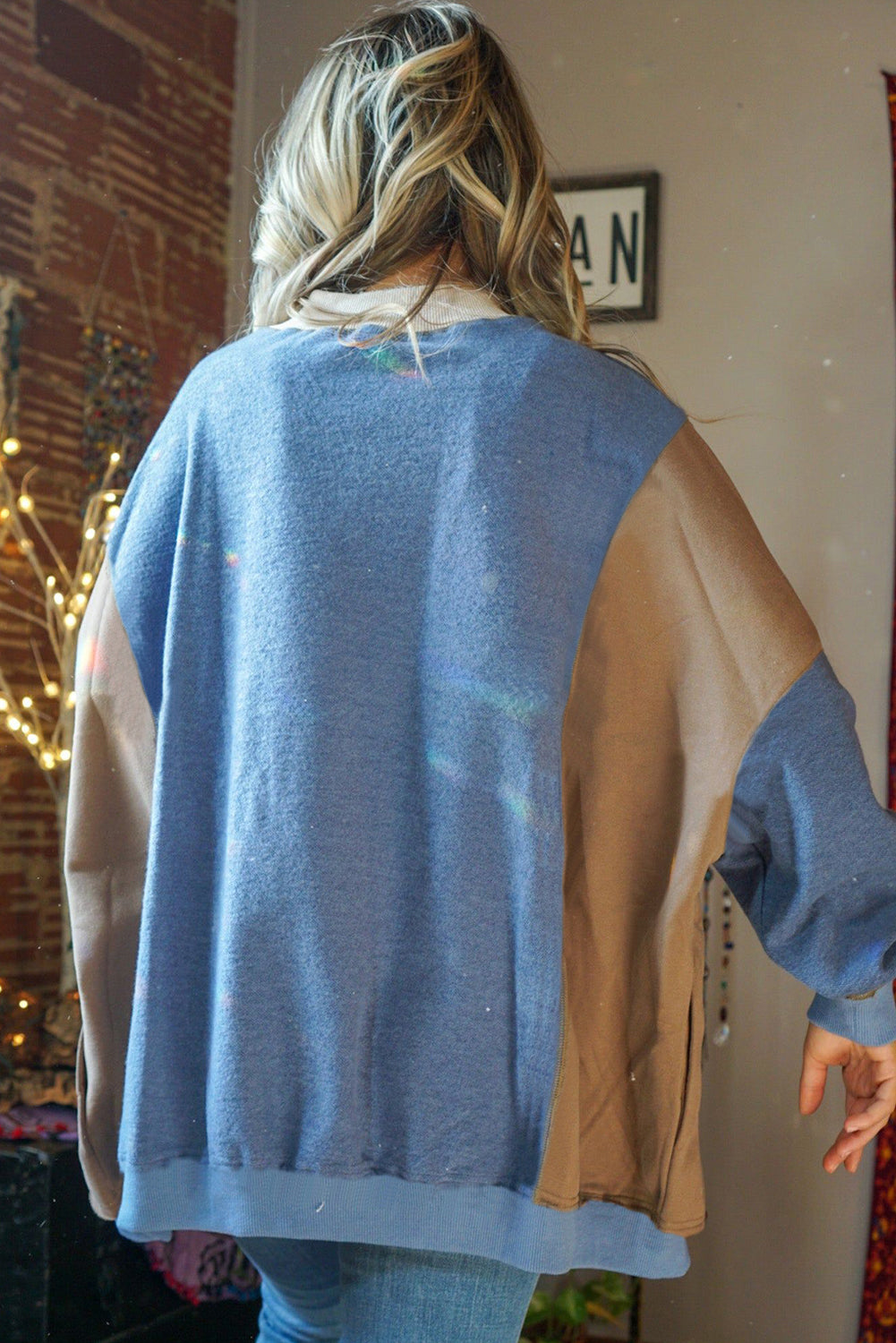 Sky Blue Ribbed Detail Colour Block Sleeve Baggy Sweatshirt