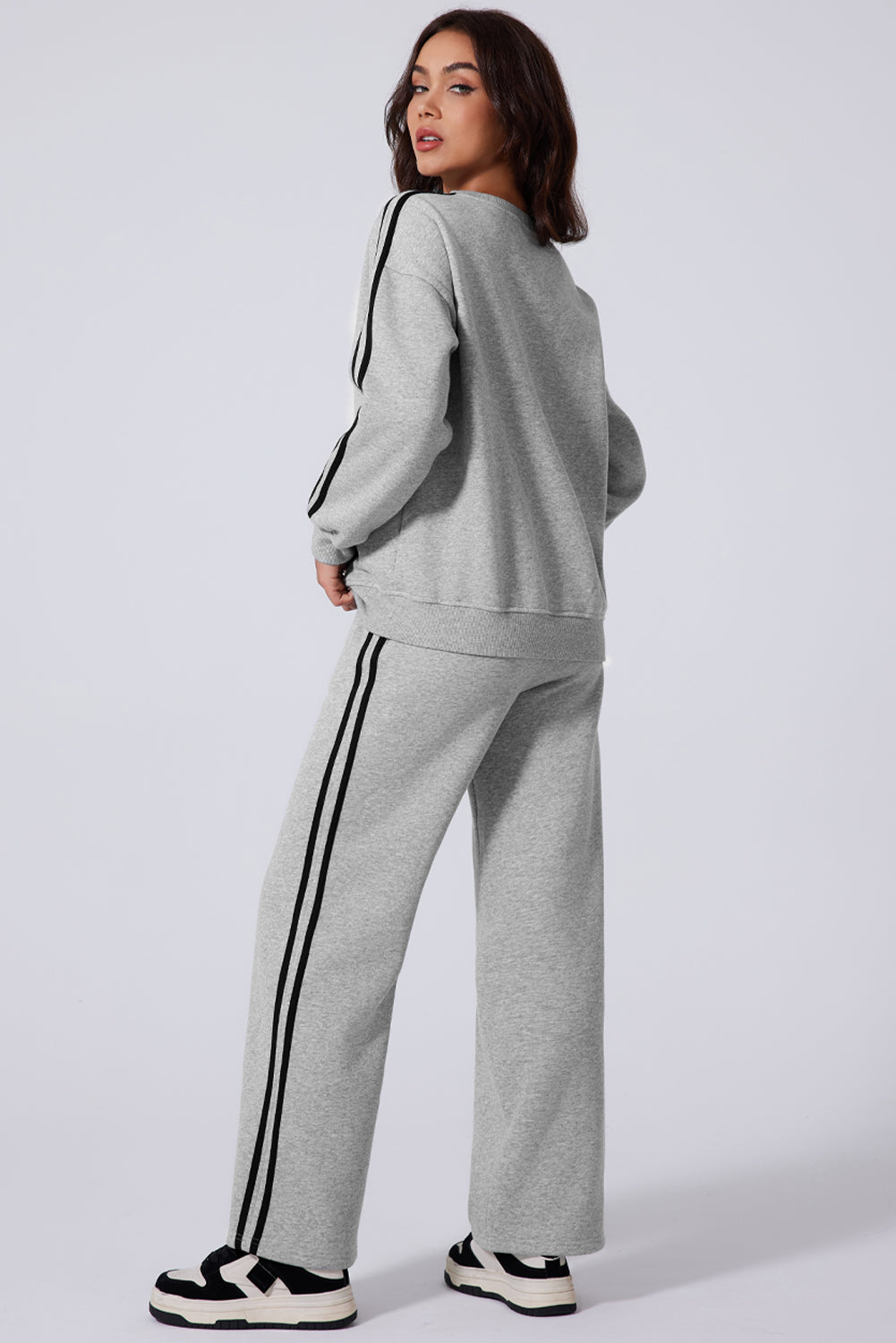 Light Grey Solid Colour Side Striped Sweatshirt Active Set