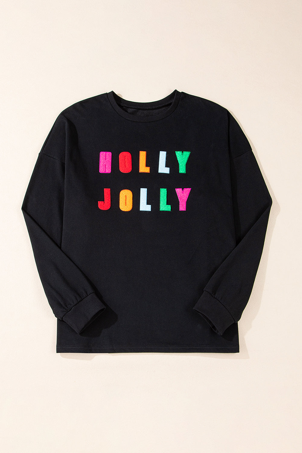 Black Chenille Holly Jolly Graphic Long Sleeve Top