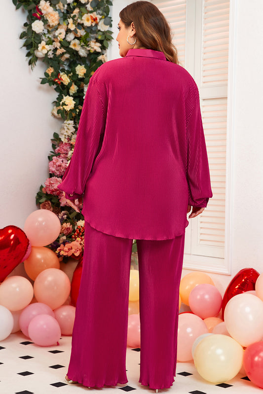 Rose Red Plus Size Ribbed Long Sleeve Shirt and Pants Pyjama Set