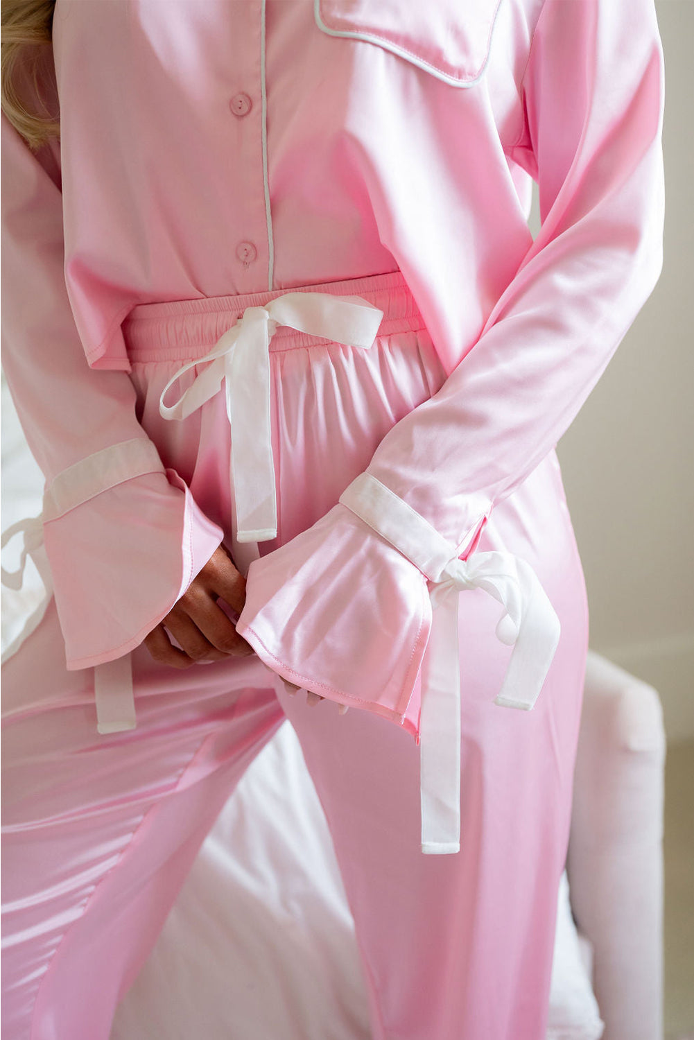 Light Pink Satin Knot Accent Shirt and Ruffled Trousers Lounge Set