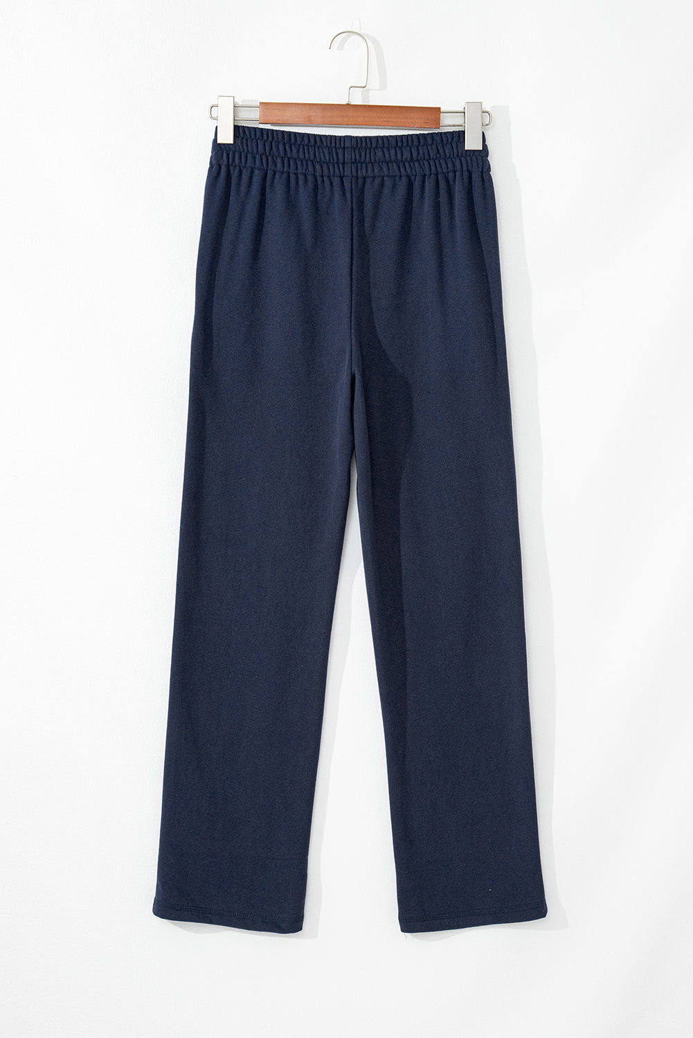 Navy Blue Solid Colour Fleece Lined Drawstring Waist Casual Trousers