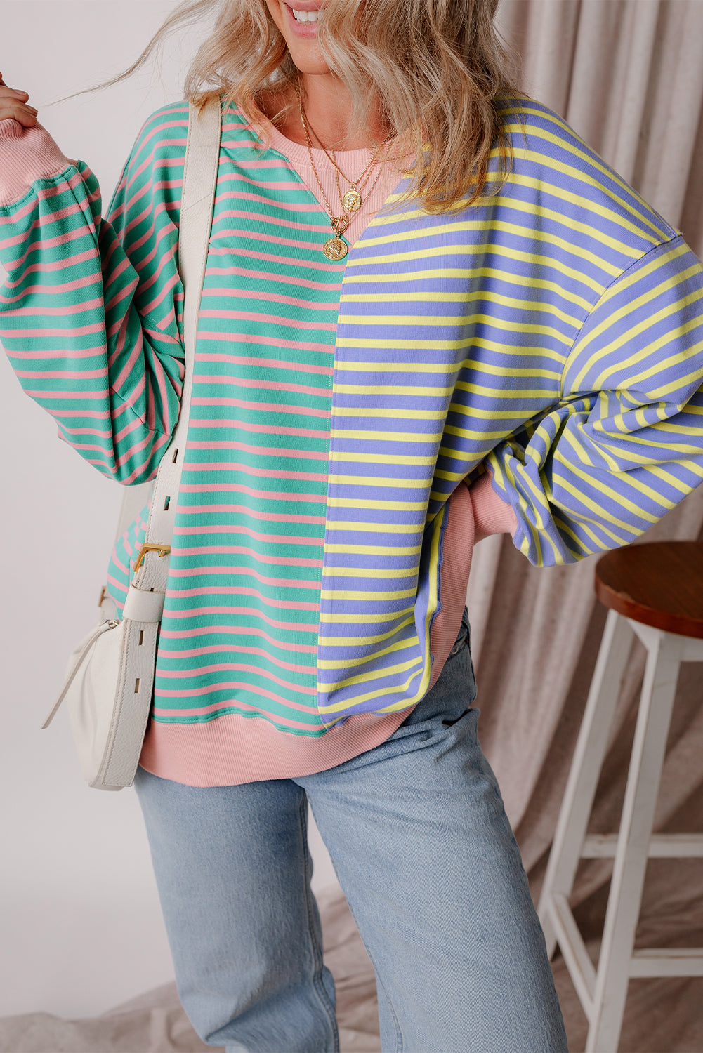 Brown Stripe Casual Stripe Colourblock Drop Shoulder Oversize Sweatshirt