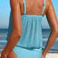 Turquoise Striped Mesh Knotted Hem Tankini Swimsuit