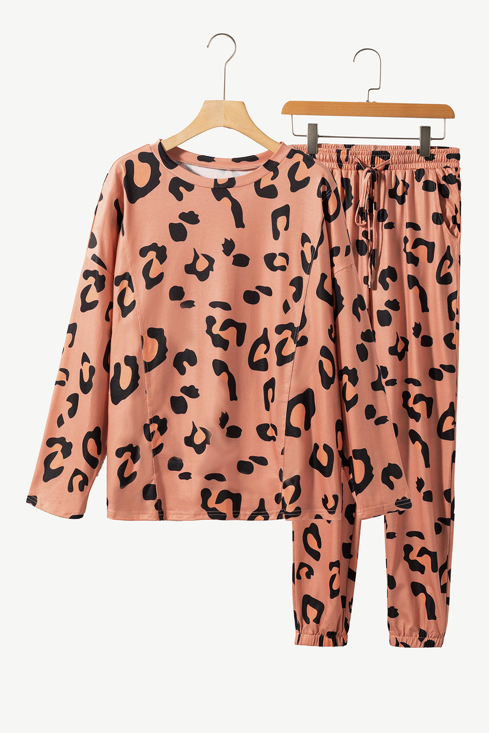 Pale Chestnut Leopard Long Sleeve Top and Drawstring Trousers Set