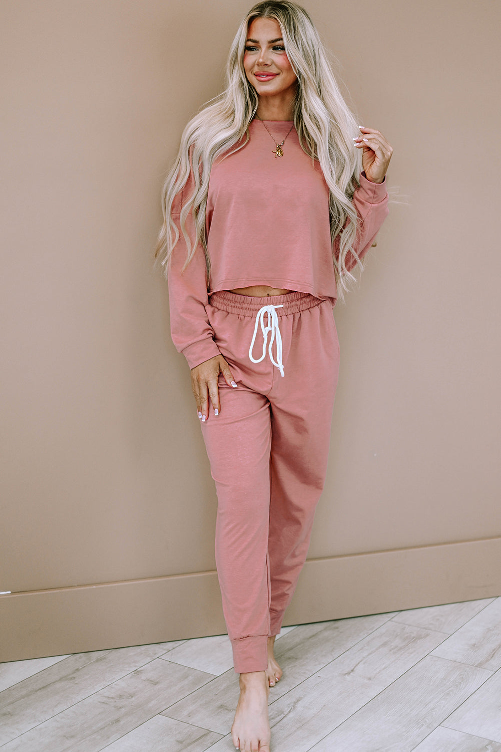 Pink Solid Sport Boxy Fit Pullover & Trousers Outfit