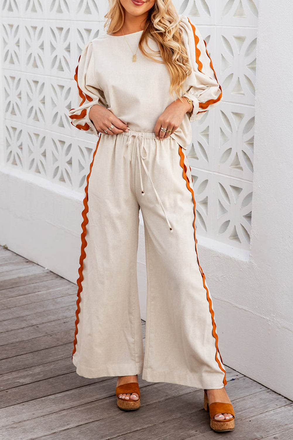 White Colourblock Ric Rac Trim Sleeve Top and Wide Leg Pants Set