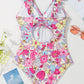 Pink Floral Ruffle Trim V Neck Lace-up Back Tummy Control One Piece Swimsuit