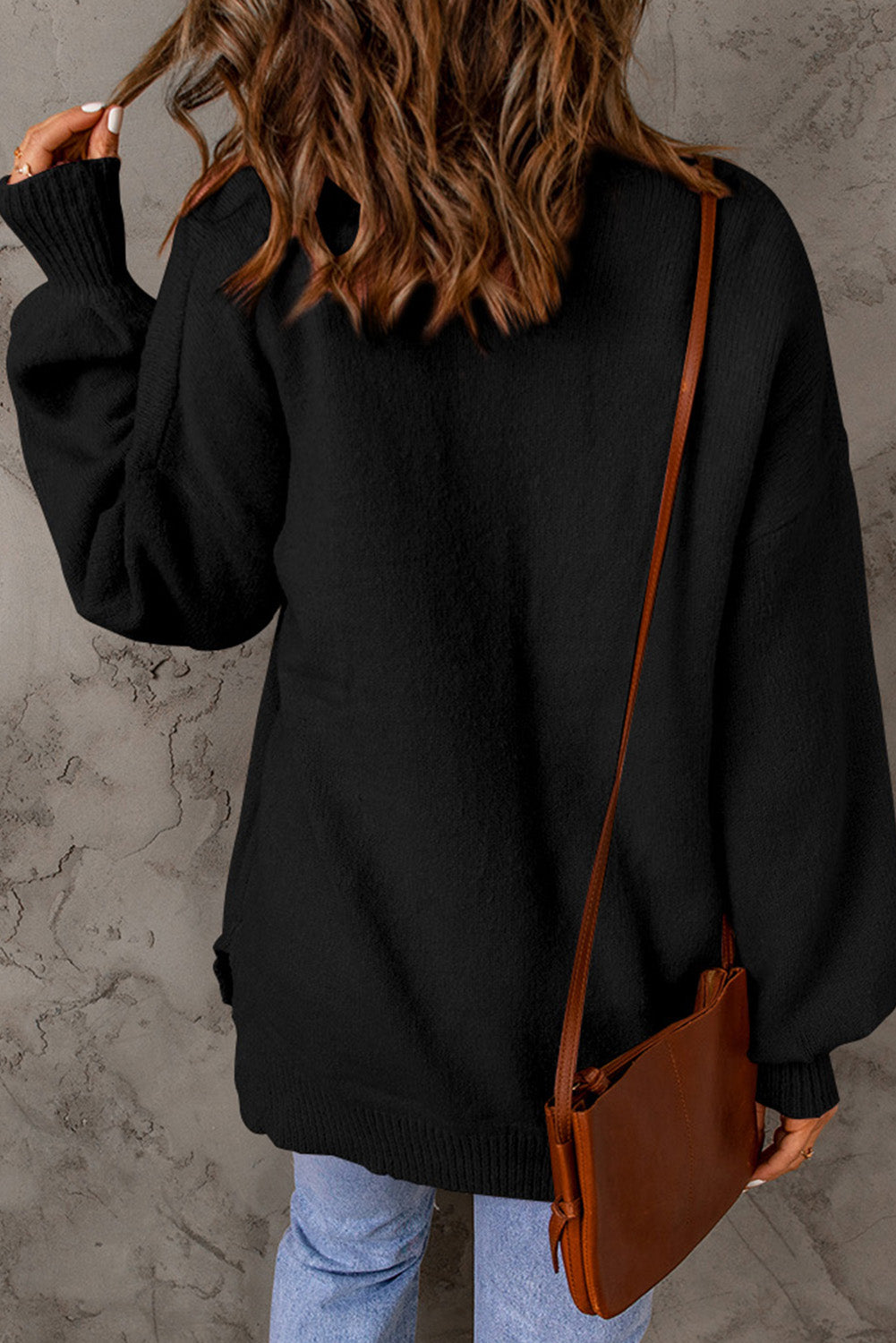 Black Solid Color Puffy Sleeve Pocketed Sweater