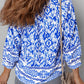 Blue Boho Printed 3/4 Sleeve Tied Neck Blouse