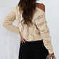 Khaki Eyelets Cable Knit Drop Shoulder Sweater