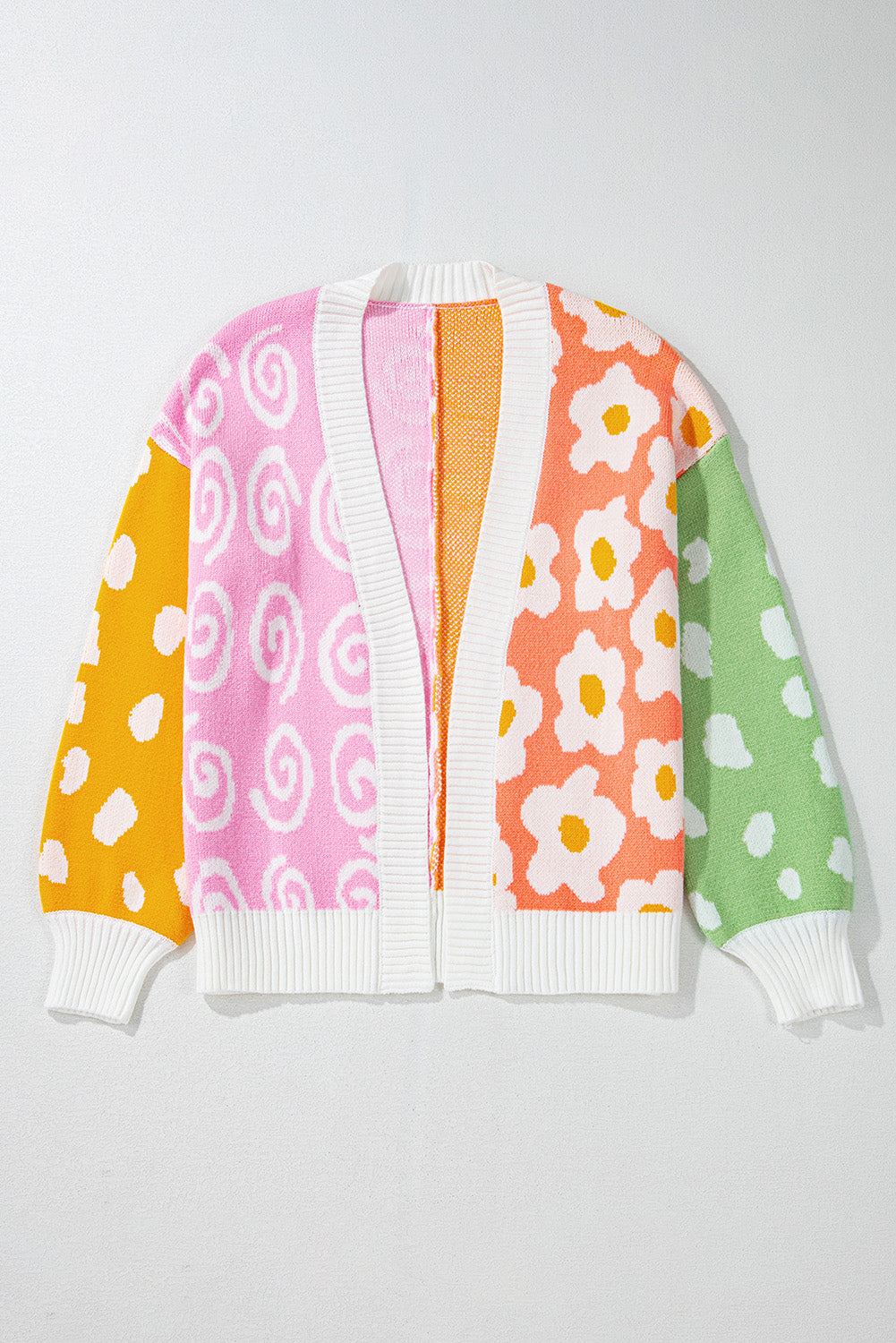 Orange Flower & Dotted Mixed Print Colourblock Open Front Cardigan