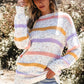 White Colorblock Confetti Stripe Lantern Sleeve Sweater