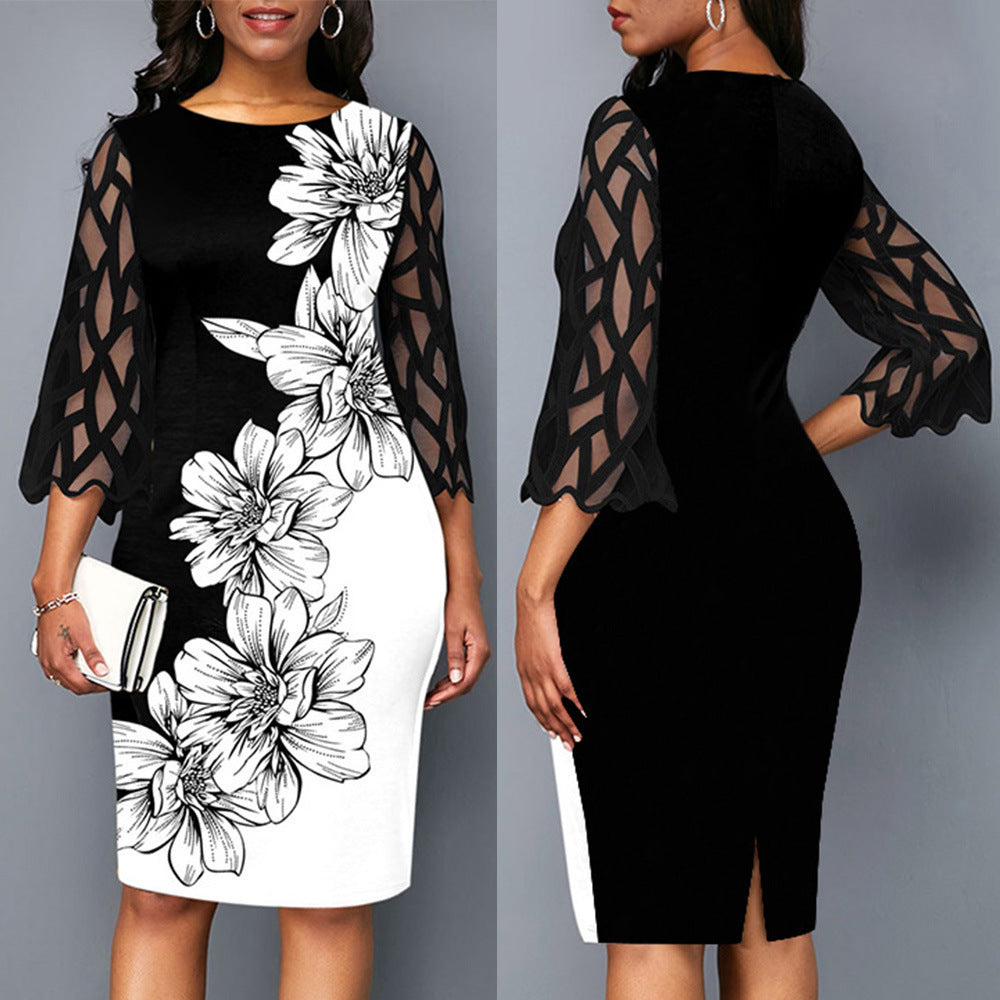 Lace Mesh Sleeve Evening Contrast Dress