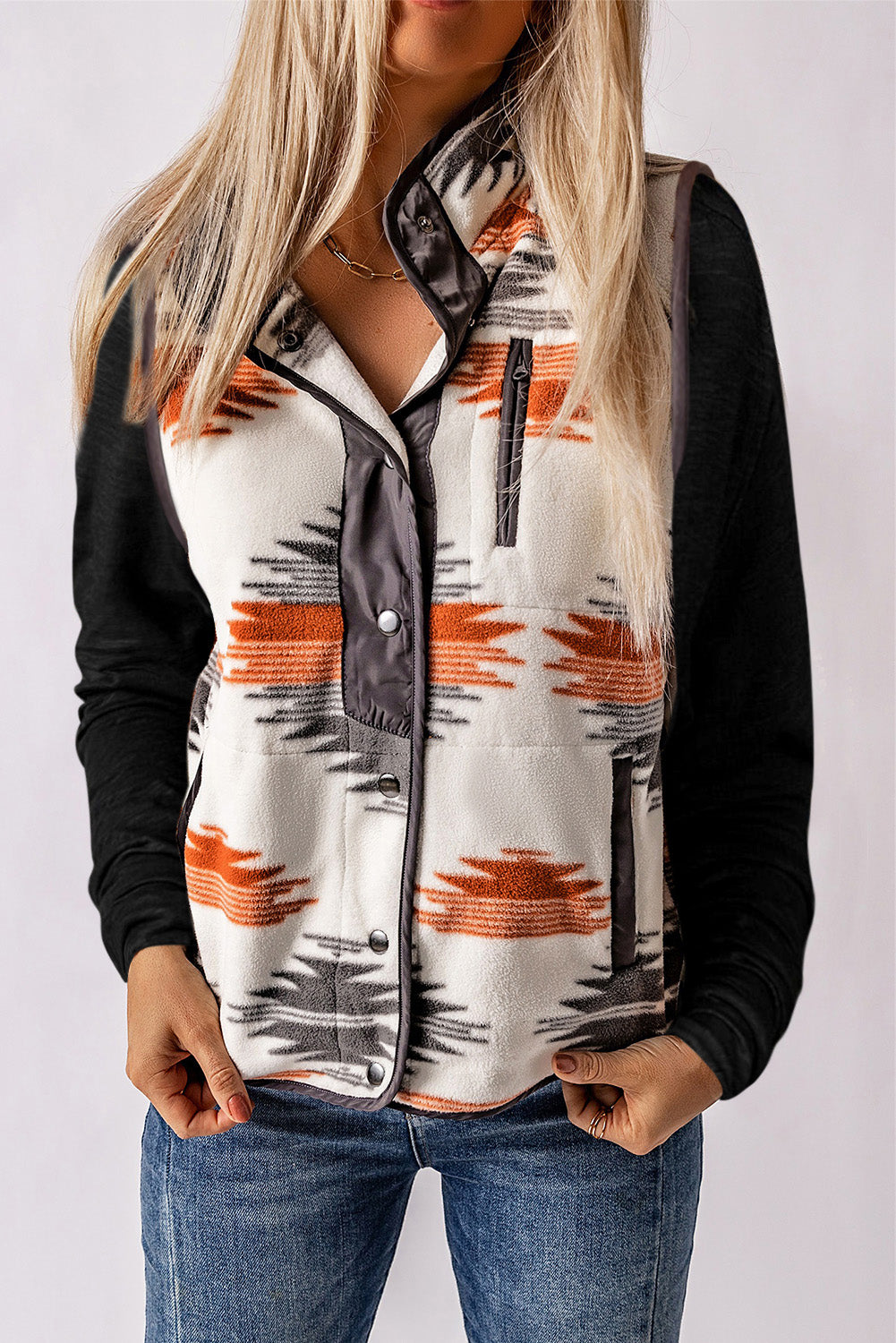 Multicolour Fuzzy Aztec Western Fashion Sleeveless Jacket