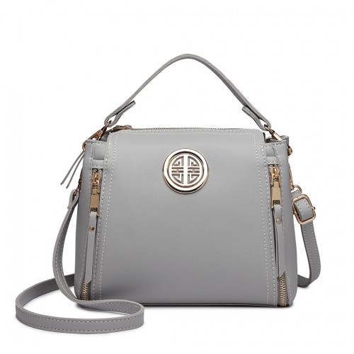 E1851 - Miss Lulu Leather Look Dual Zipped Handbag - Grey