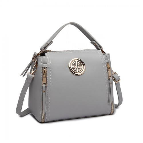 E1851 - Miss Lulu Leather Look Dual Zipped Handbag - Grey