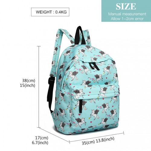 E1401 UN - Miss Lulu Large Backpack Unicorn Print - Blue