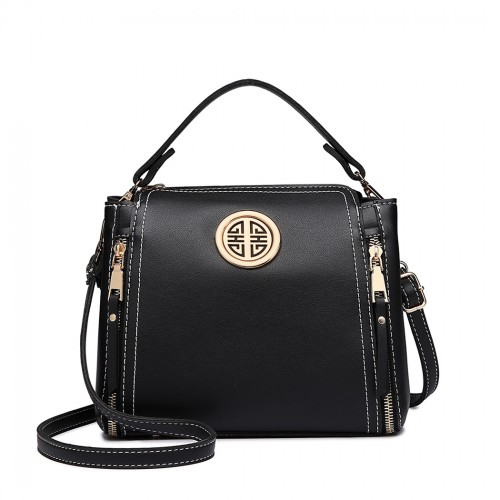 E1851 - Miss Lulu Leather Look Dual Zipped Handbag - Black