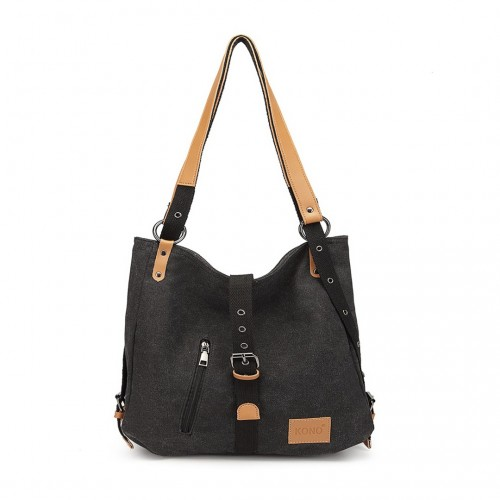 E6850 - Kono Canvas Hobo Slouch Shoulder Bag and Backpack - Black