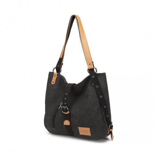 E6850 - Kono Canvas Hobo Slouch Shoulder Bag and Backpack - Black