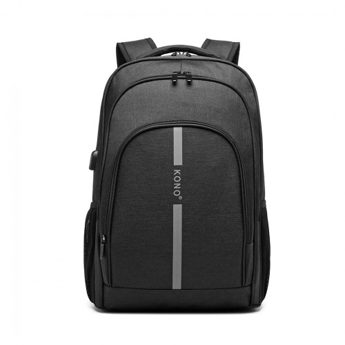 E1972 - Kono Large Backpack with Reflective Stripe and USB Charging Interface - Black