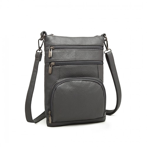 LB6927 - Miss Lulu Multi Pocket Leather Look RFID-Blocking Cross Body Bag - Grey