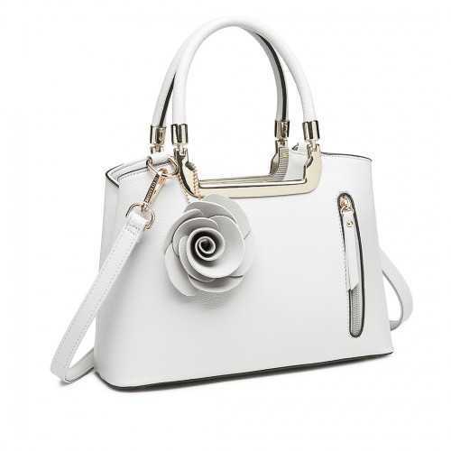 LG1847 - MISS LULU PU LEATHER ROSE HANGING ORNAMENT HANDBAG - WHITE