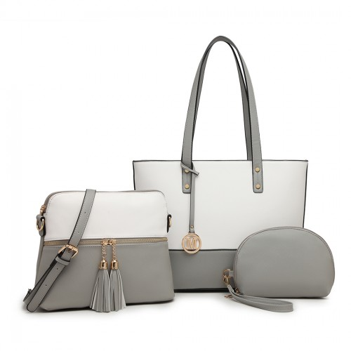 LG2023 - Miss Lulu 3 Piece Leather Look Tote Bag Set - Grey And White