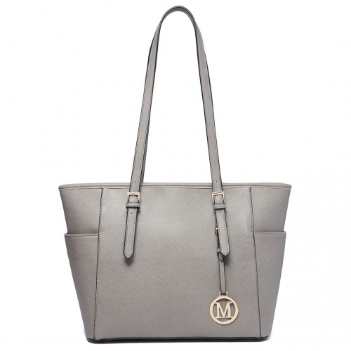 LM1642-1 - Miss Lulu Faux Leather Adjustable Handle Tote Bag - Grey