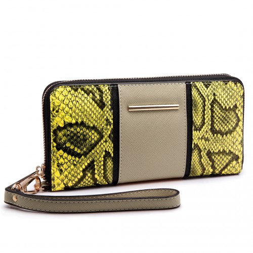 LP6681 - Miss Lulu Snake Print Panel Long Purse Khaki