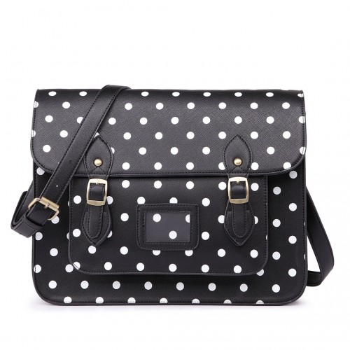 LT1665D2 - Miss Lulu Polka Dot Leather Look School Work Satchel Black