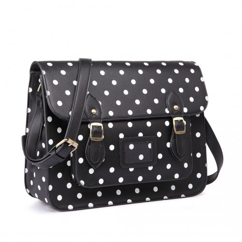 LT1665D2 - Miss Lulu Polka Dot Leather Look School Work Satchel Black