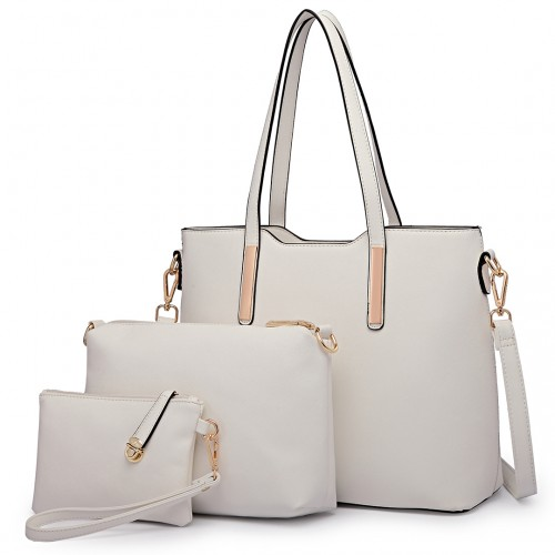 LT6648 - Miss Lulu Three Piece Tote Shoulder Bag And Clutch - White