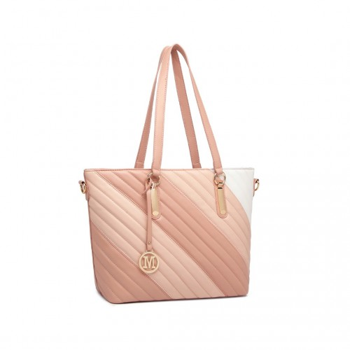 LT2225 - Miss Lulu Contrast Colour Twill Leather Handbag Tote Bag - Pink