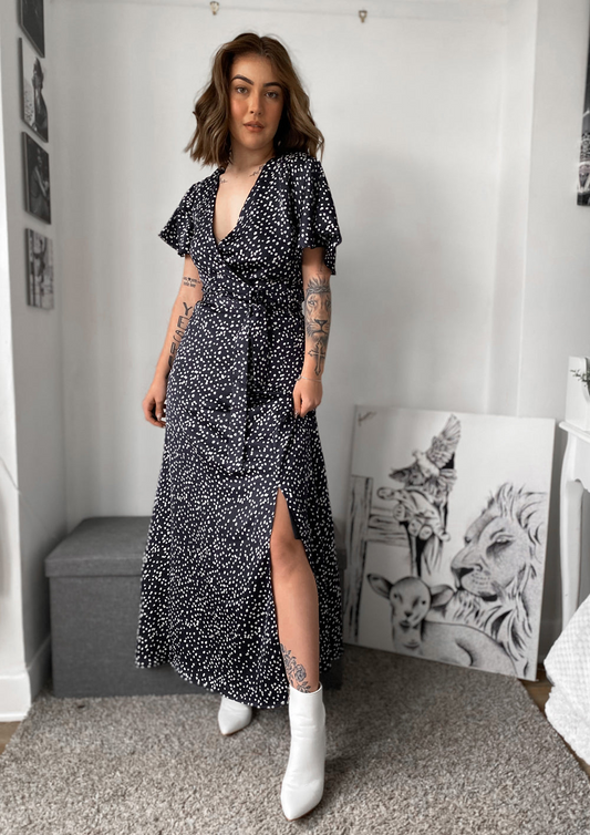 Wrap Front Split Leg Maxi Dress In Navy Polka Dot Print