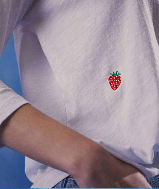 Strawberry Embroidered Slub T-Shirt White