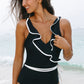 Black Color Contrast Ruffled Wrap V Neck Swimsuit