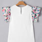 White Abstract Print Tiered Ruffled Sleeve Textured Knit Top