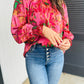 Rose Abstract Print Frilly Neckline Puff Sleeve Blouse